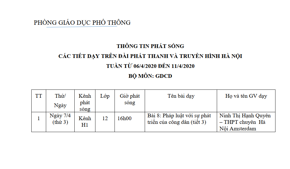 Lich phat song mon GDCD Tuan tu 06 4 den11 4