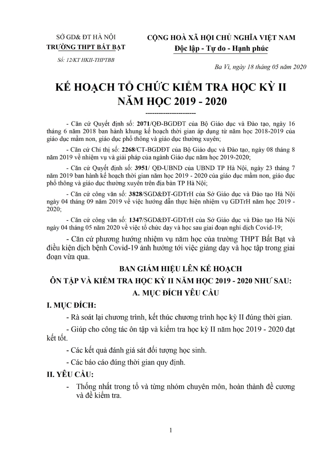 1 Ke hoach to chuc KT hoc ky II 2019 2020 0001