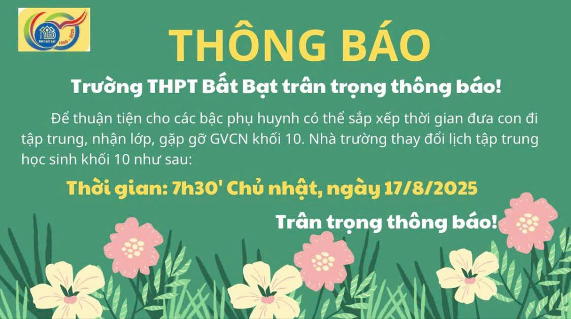 THÔNG BÁO LỊCH TẬP TRUNG KHỐI 10 NĂM HỌC 2025 - 2026
